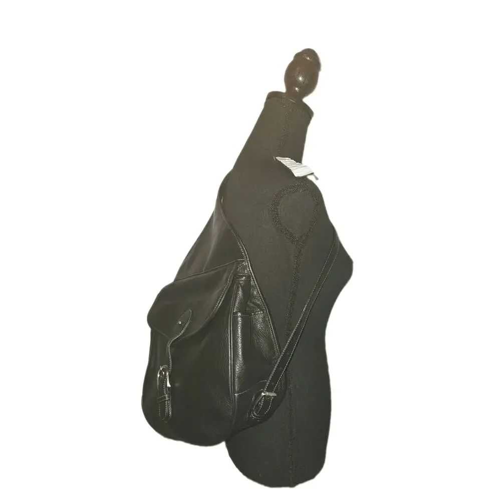 Levenger Black Leather Saddlebag Sling Backpack Bag Black EUC